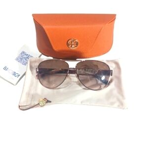 NEW Tory Burch Rose Gold Pilot Aviator Sunglasses with Dust Bag and Case